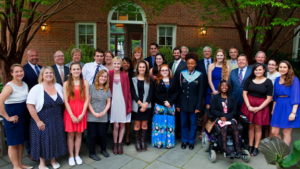 Group of people standing in a courtyard