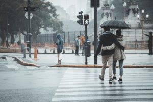 pedestrian couple crossing the street