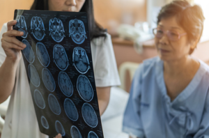 woman chatting with doctoron mri