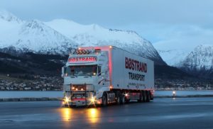 truck in snowy mountains at night