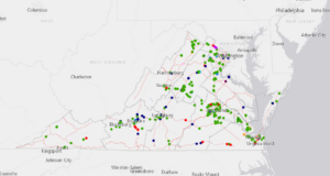 Mapa de Virginia con puntos que representan intersecciones