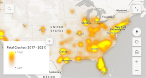 Map of the US showing hotspots of fatal crashes
