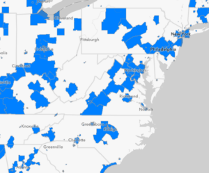 Mapa de Virginia con puntos azules que muestran las ubicaciones con fondos para la seguridad vial