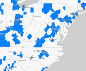 Map of Virginia with blue spots showing the locations with roadway safety funding