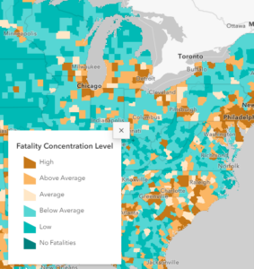 Mapa de Virginia que muestra el nivel de concentración de muertes por condado