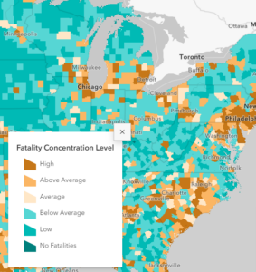 Map of Virginia showing fatality concentration level by county