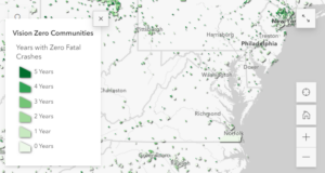 Map of Virginia showing communities with 0 fatal crashes