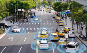 Driverless cars on the road, aerial view