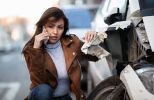 Mujer hablando por teléfono después de un accidente automovilístico