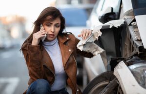 Woman on the phone after a car crash