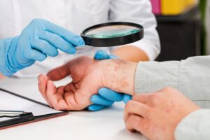 Un dermatólogo, enguantado, examina la piel de un paciente en busca de diversas afecciones: alergias, psoriasis, eczema y dermatitis.