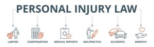 Illustration concept for personal injury law banner featuring icons representing a lawyer, compensation, medical reports, malpractice, accidents, and empathy in vector format.