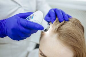 A woman seeks dermatological care at a clinic.