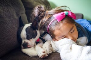 niño durmiendo con perro pequeño