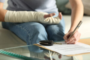 Injured woman with an arm cast signing paperwork next to car keys.