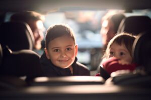 Niños en el asiento trasero de un coche.