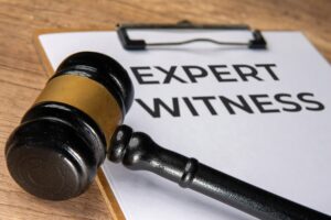 Close-up image of paper clipboard with text EXPERT WITNESS and judge gavel.