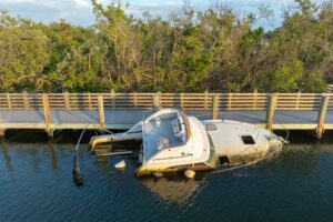 Aerial view of sunken sailboat