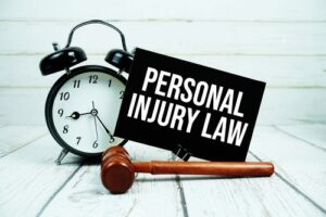 A clock, wooden gavel, and a black sign with white bold letters reading "Personal Injury Law" placed on a white wooden surface.