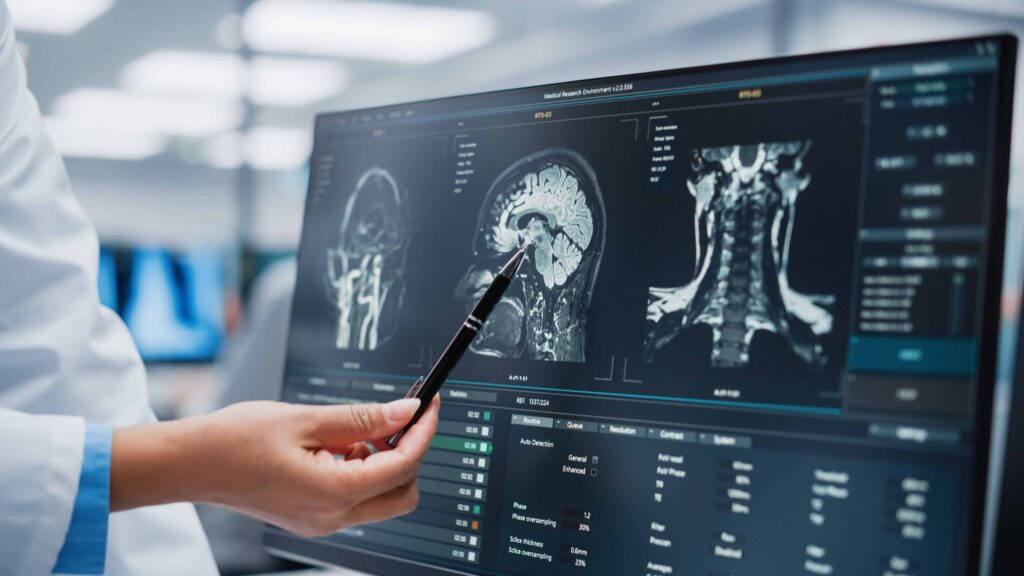 Doctor analyzing brain MRI scans on computer screen to diagnose head or spinal injury.