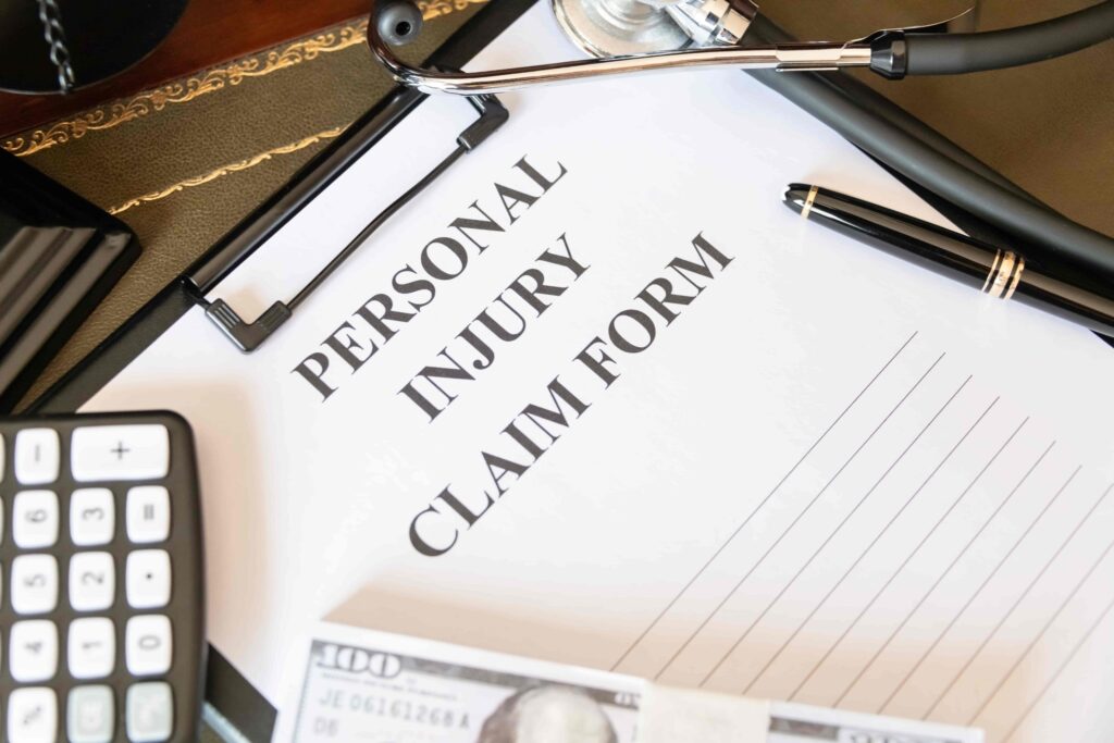 Personal injury claim form on desk with stethoscope, calculator, money, and pen representing accident compensation.