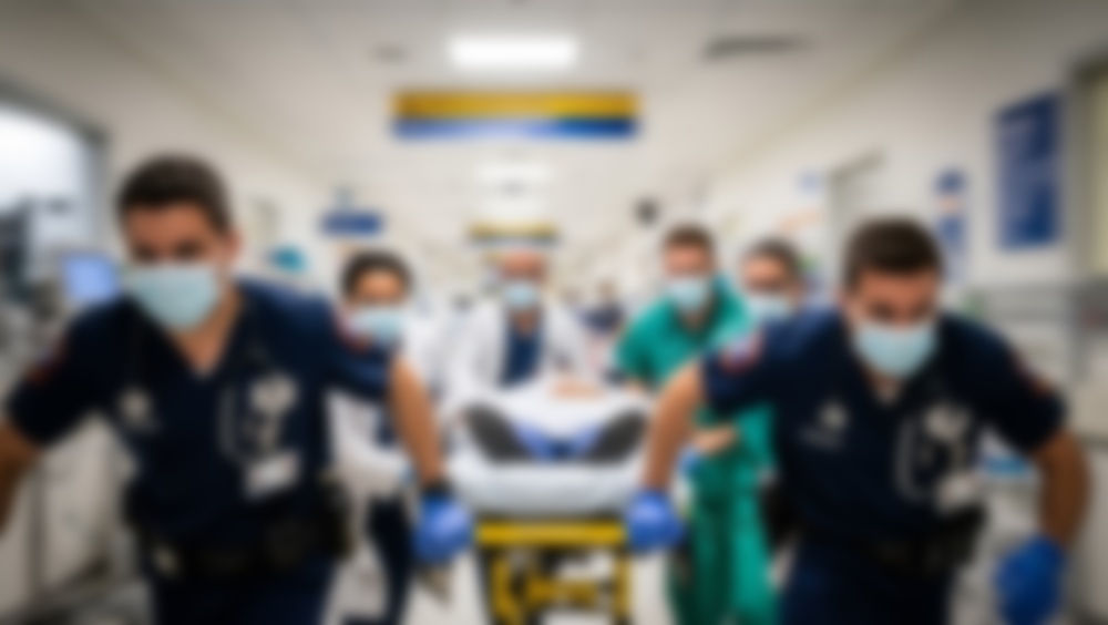 Imagen desenfocada de un paciente siendo trasladado en camilla a la sala de urgencias de un hospital.